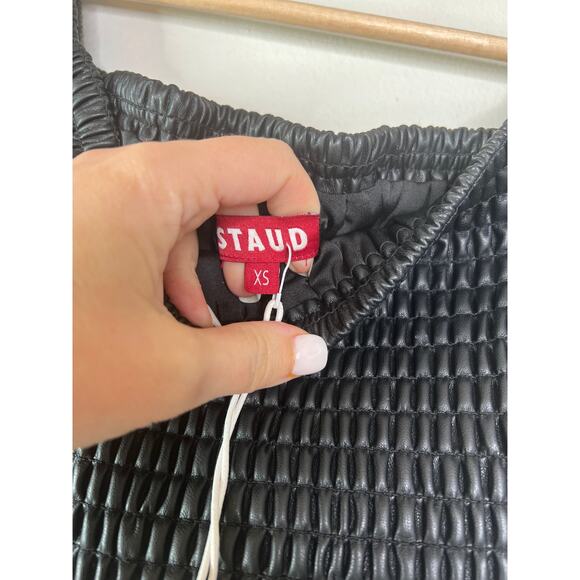 NWT STAUD Mae Smocked Off-The-Shoulder Vegan Leather Lined Maxi Dress Black - Picture 5 of 8